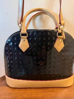 Arcadia Womens Patent Satchel Handbag in Black and Tan